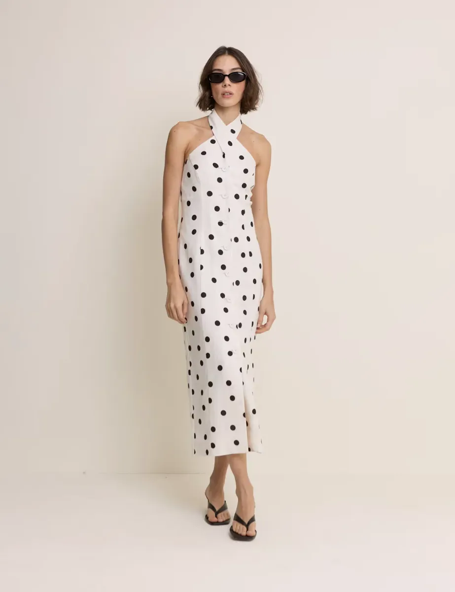 Polka Dot Halter Neck Midi Tailored Dress White Mix