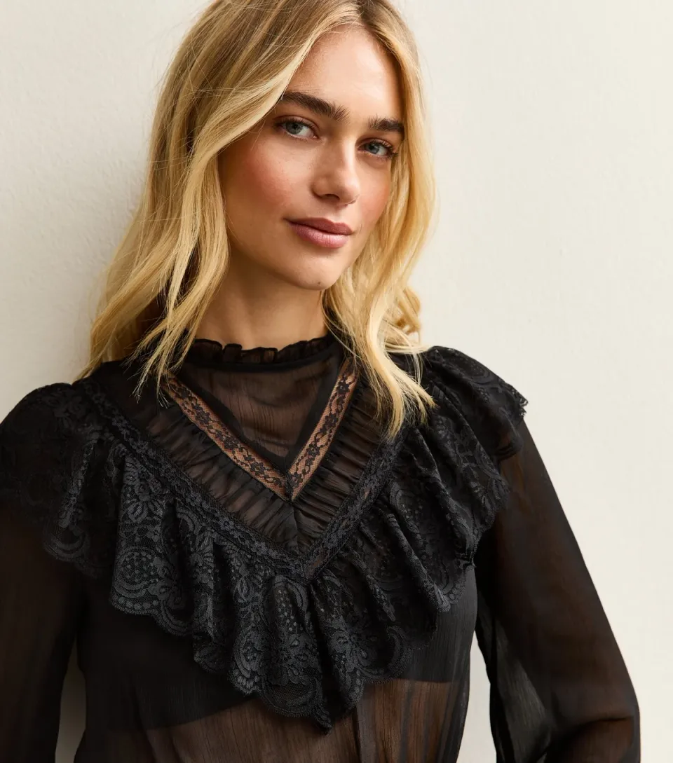Women's Black Lani Lace Insert Chiffon High Neck Blouse