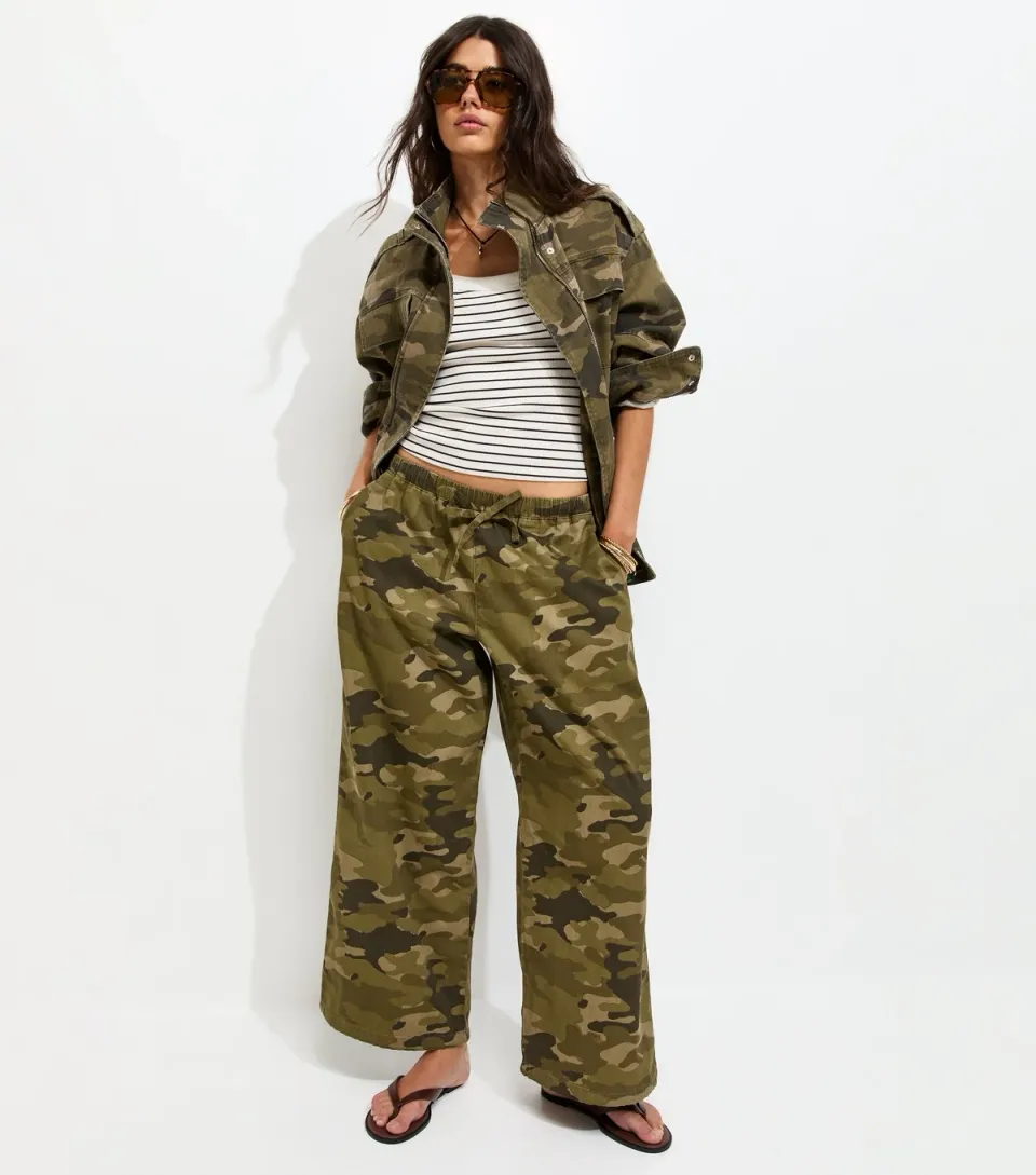Women's Green Cotton Camo Wide Leg Cargo Trousers