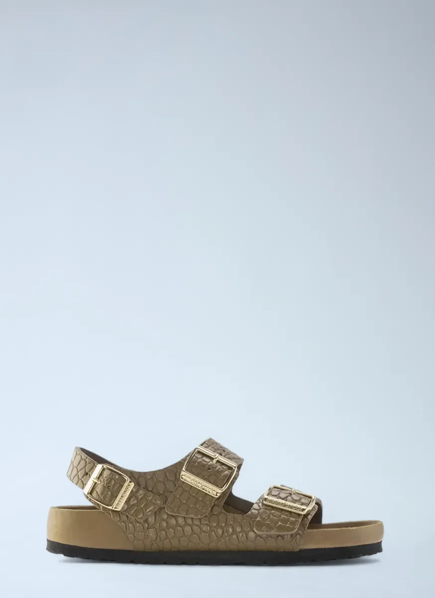 Embossed Leather Three Strap Sandals