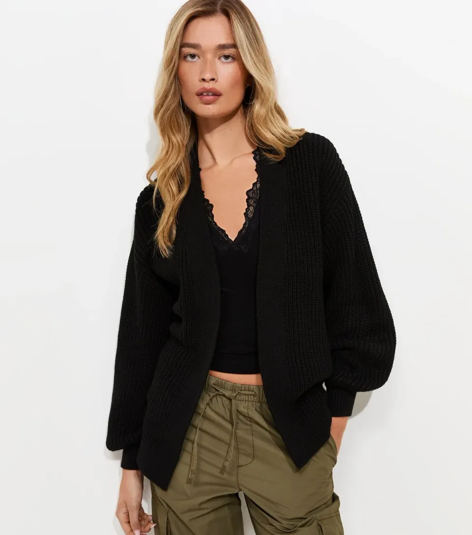 Women's Tall Black Chunky Knit Balloon Sleeve Cardigan