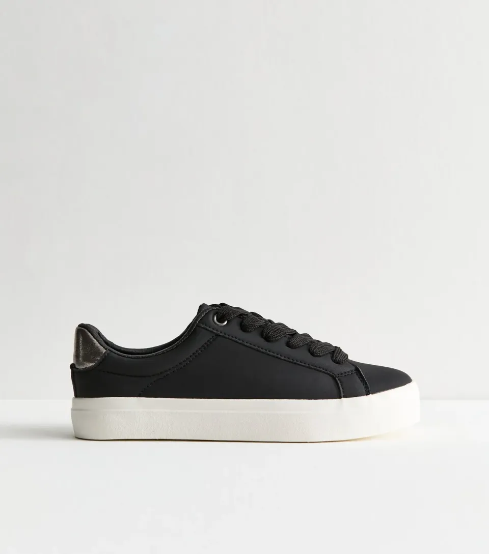 Women's Black Faux Leather Contrast Heel Tab Trainers Vegan