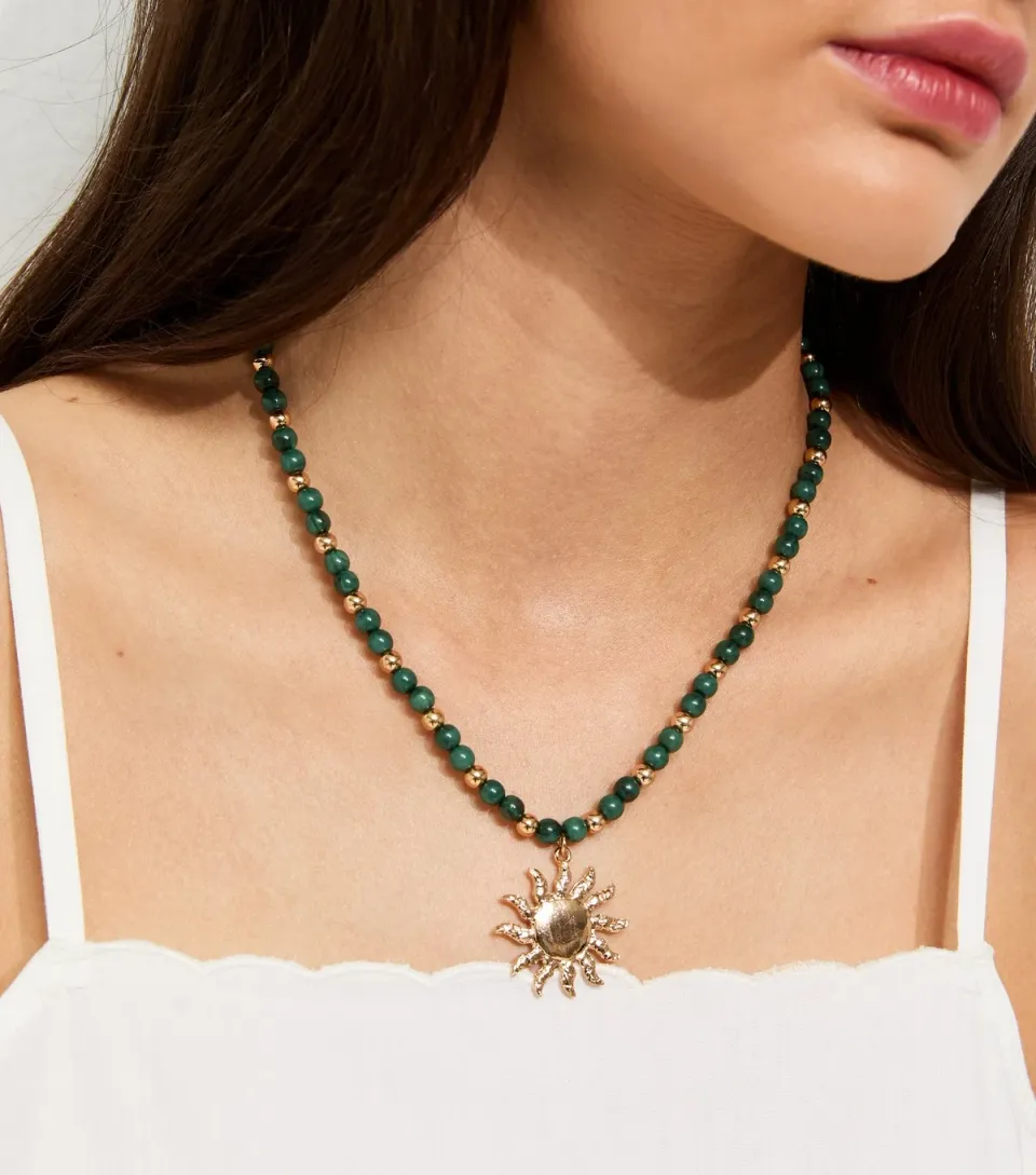 Light Khaki Beaded Sun Pendant Necklace