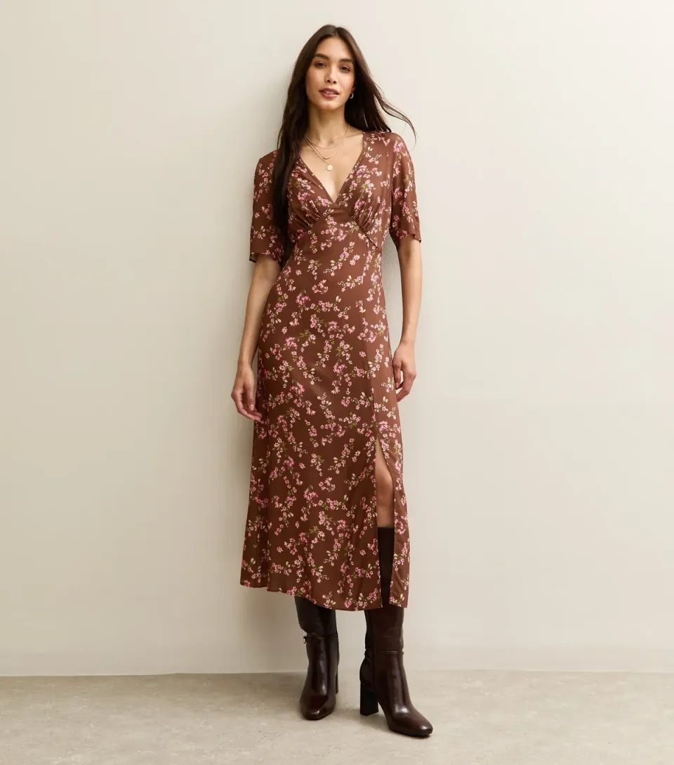 Women's Brown Floral Print Slit Hem Midi Dress