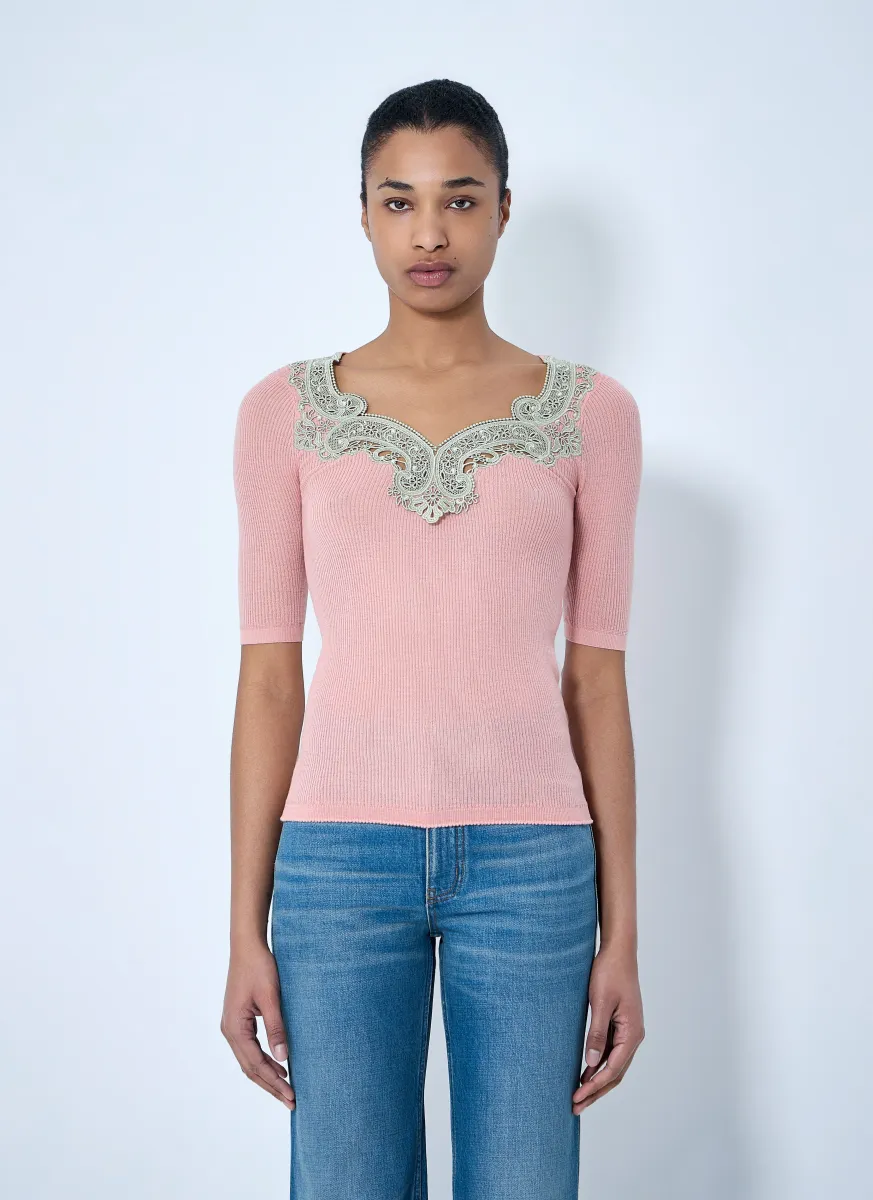 Embroidered Neckline Knit Top