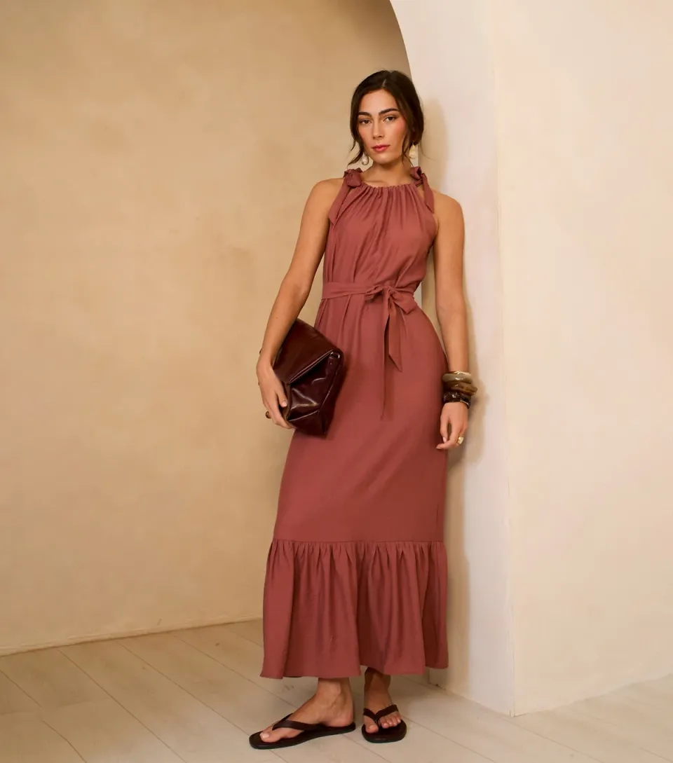 Women's Rust Tie Shoulder Maxi Dress