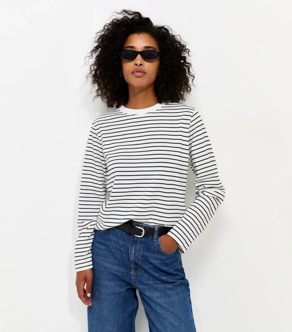 Women's White Cotton Striped Boxy Long Sleeve T-Shirt