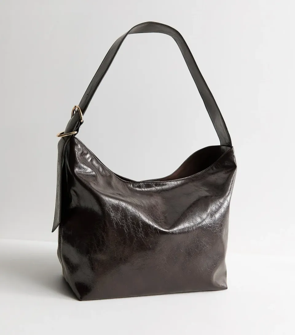 Dark Brown Faux Leather Buckle Detail Hobo Shoulder Bag Vegan