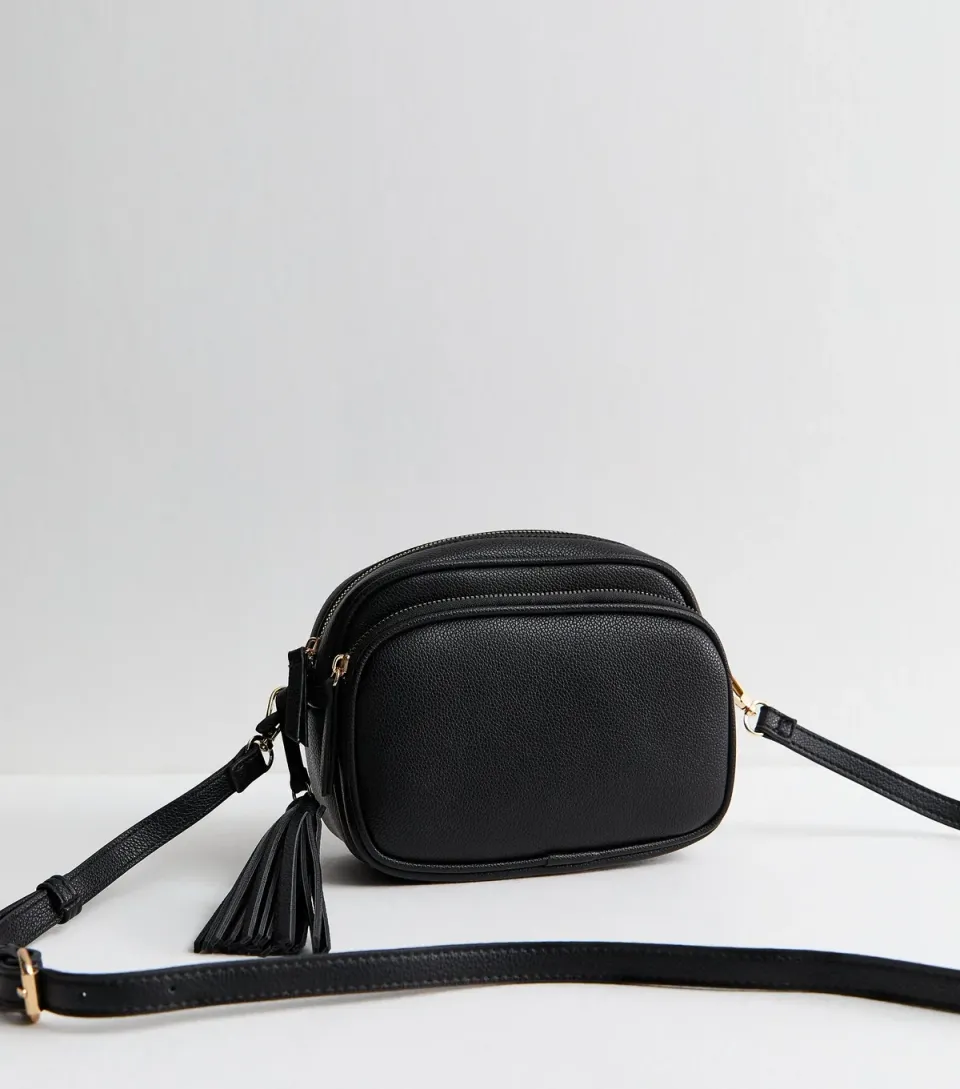 Black Faux Leather Tassel Crossbody Camera Bag