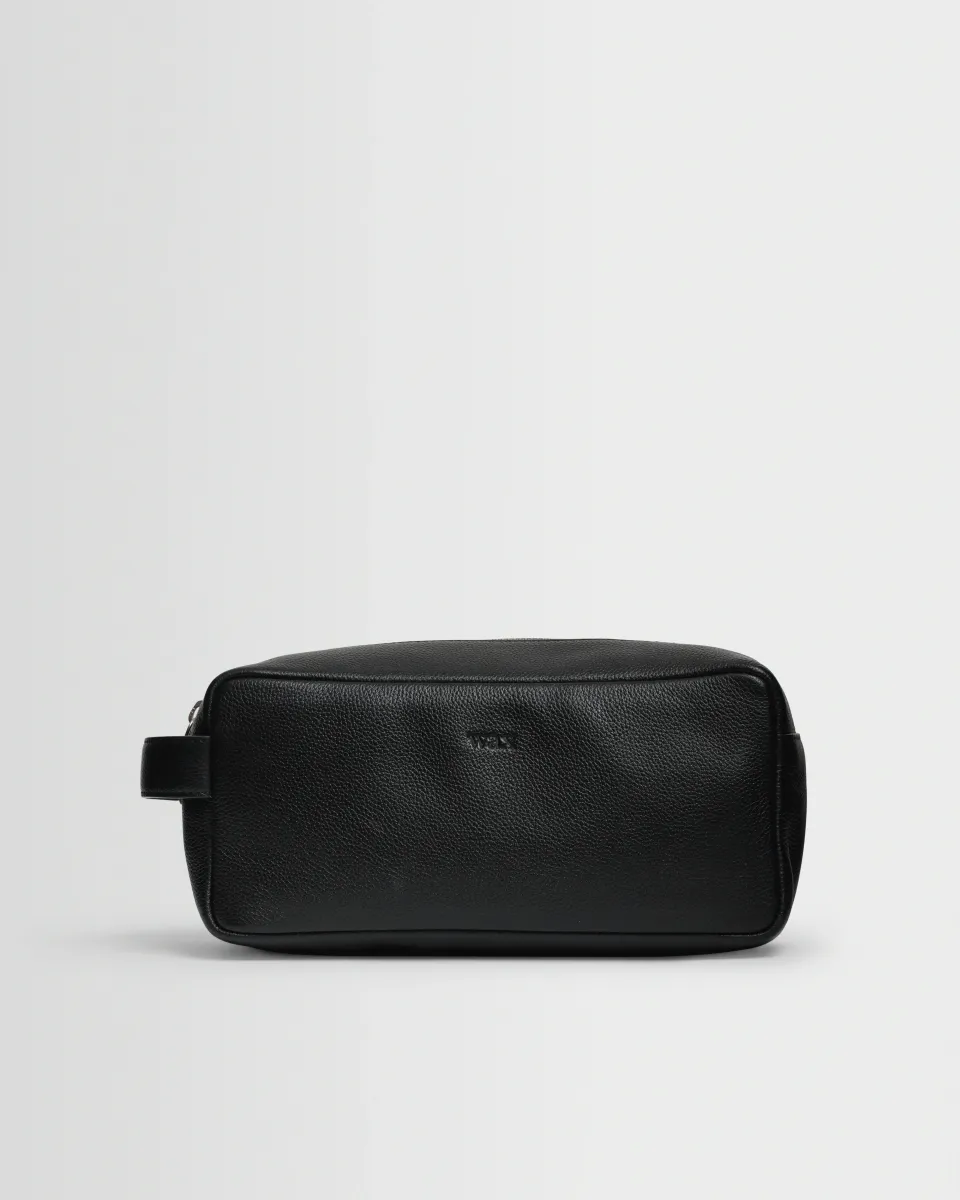 Wells - Black Grain Leather Wash Bag