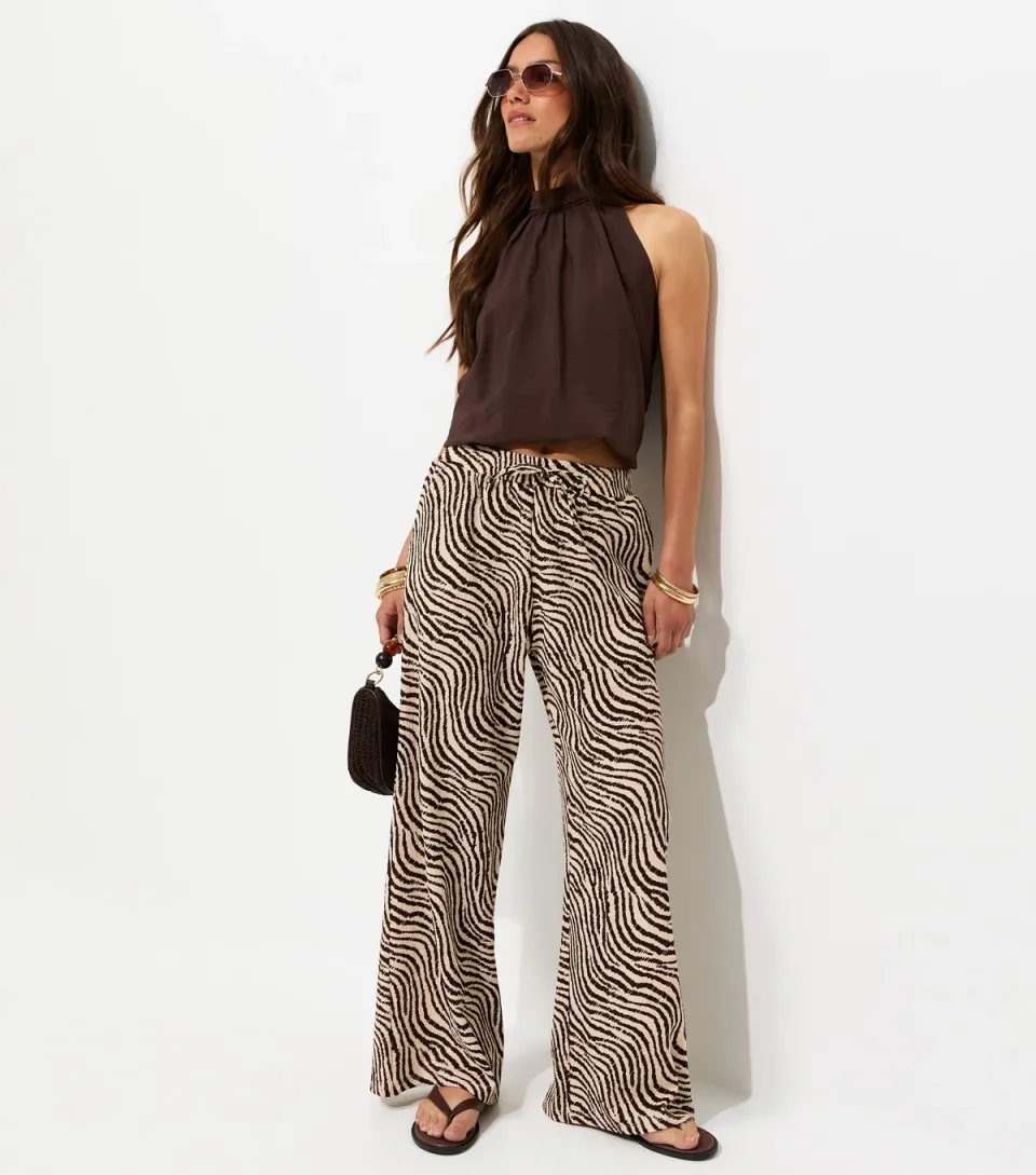 Women's Petite Brown Zebra Print Crinkled Wide Leg Trousers