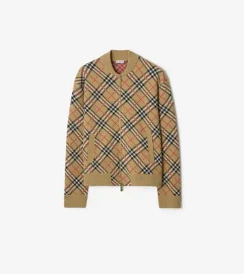 Check Cotton Wool Bomber Jacket in Sand beige