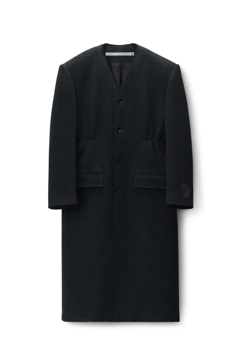 Collarless Coat in Double Tweed Wool