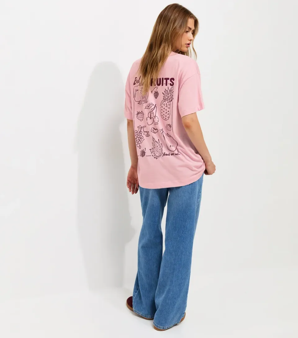 Women's Light Pink Cotton Bol de Fruits Print Oversized T-Shirt
