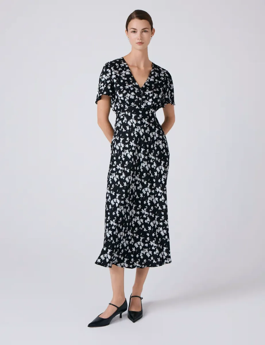 Satin Floral Midi Tea Dress Black Mix