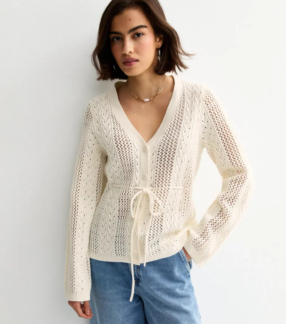 Women's Cream Cotton Rich Stitchy Knit Tie Waist Cardigan