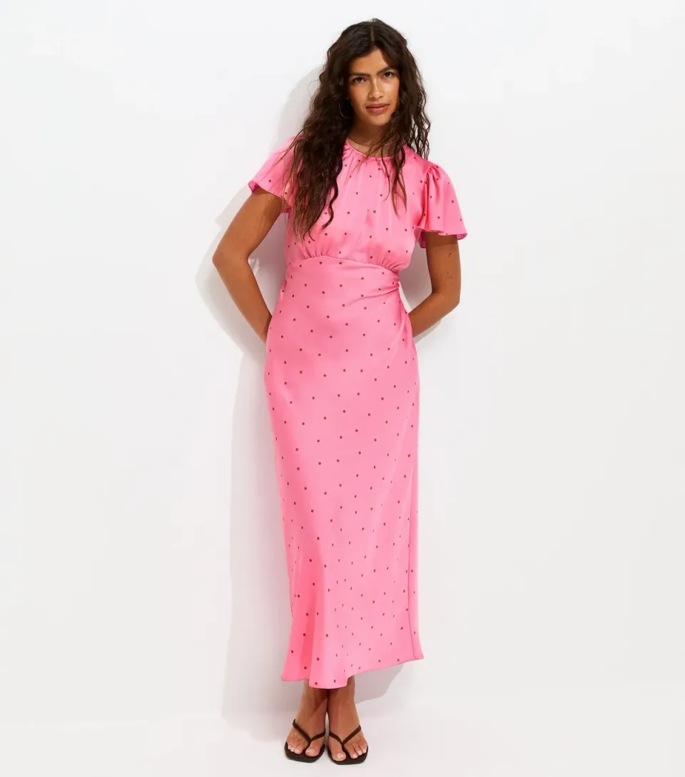 Women's Pink Satin Spot Print Flutter Sleeve Midi Dress