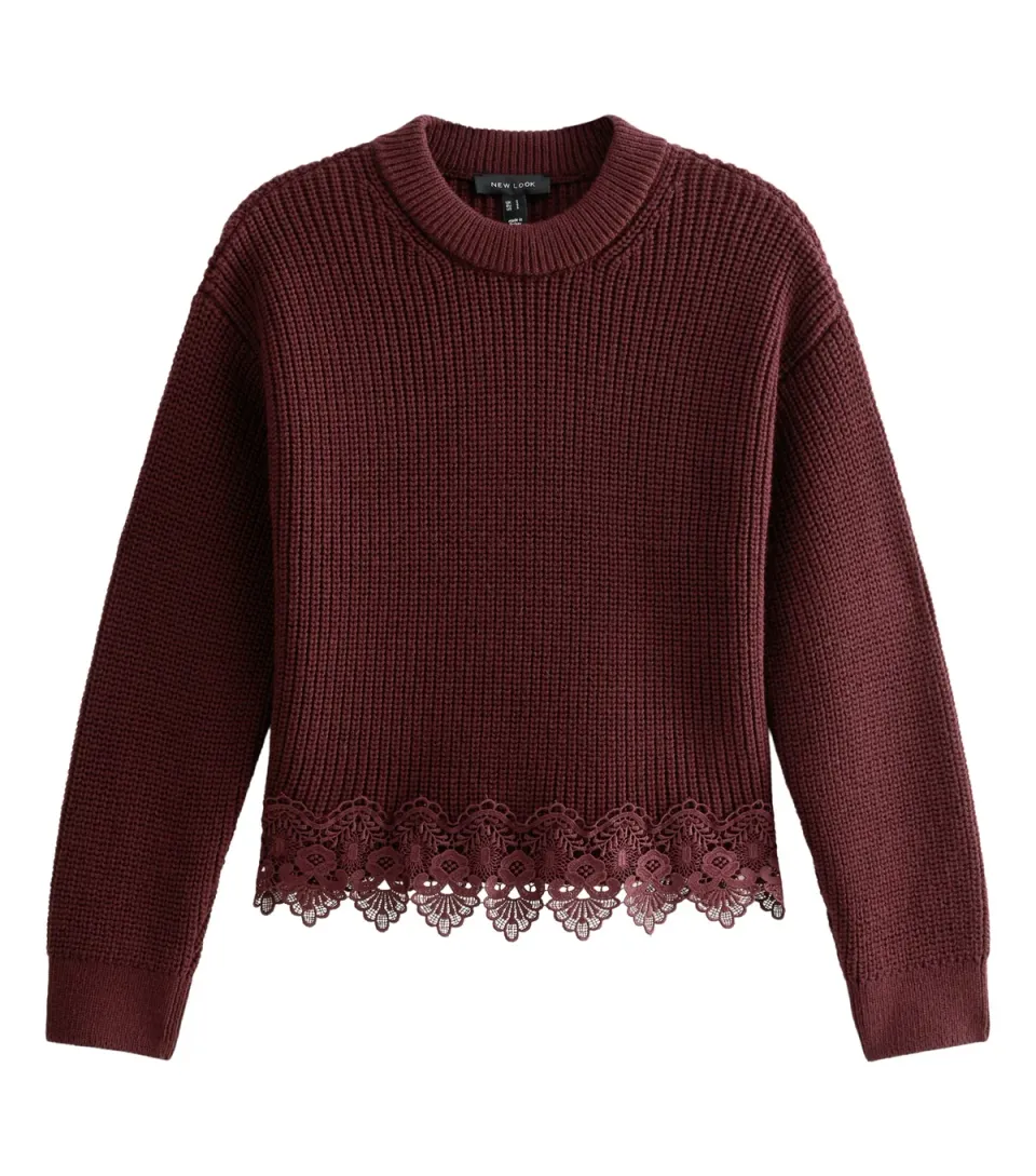 Women's Dark Burgundy Chunky Knit Lace Hem Jumper