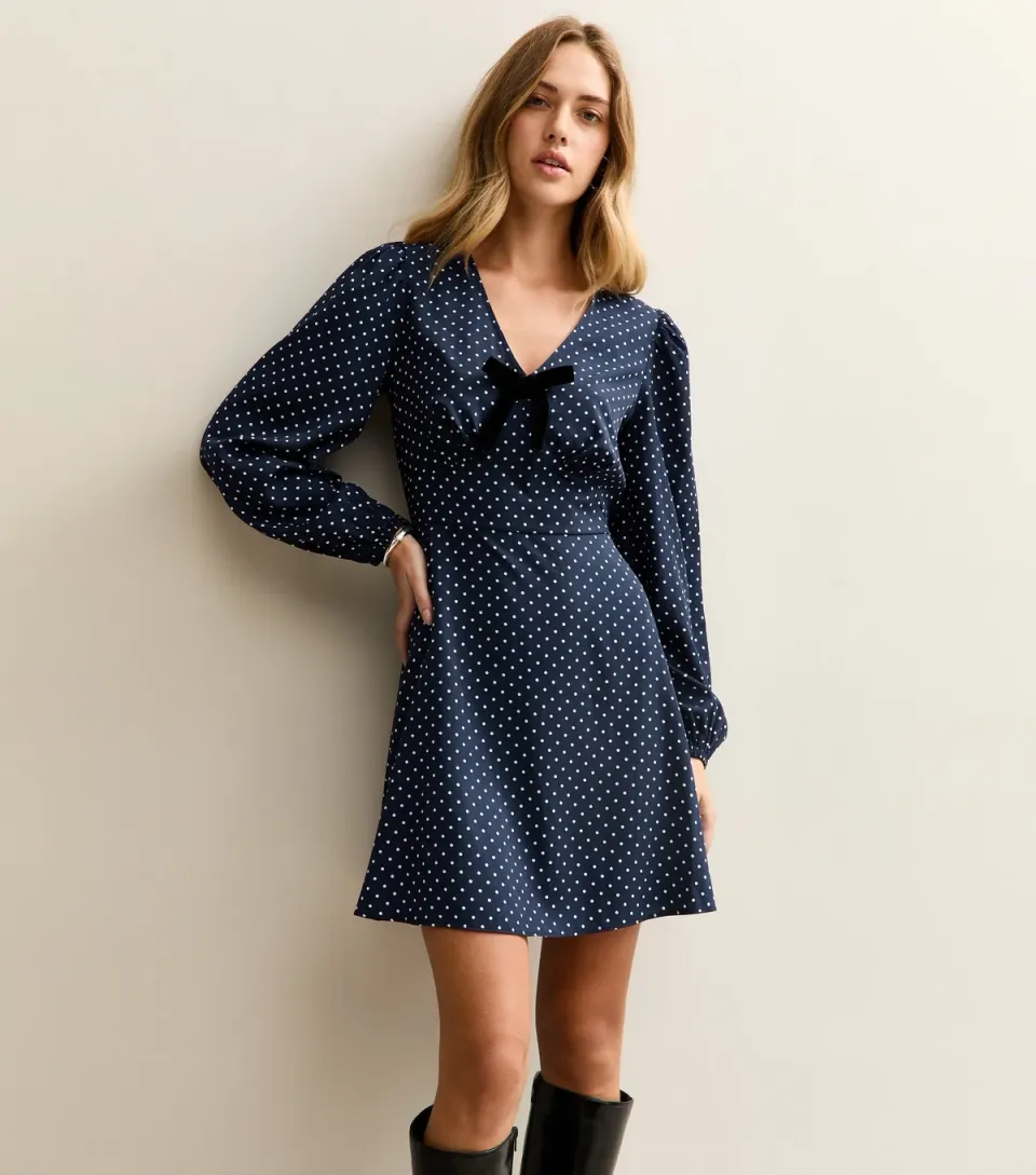 Women's Blue Polka Dot Print Bow Trim Long Sleeve Mini Dress