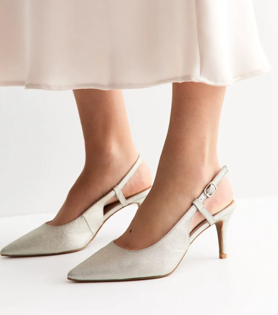 Women's Wide Fit Silver Faux Leather Shimmer Slingback Court Shoes