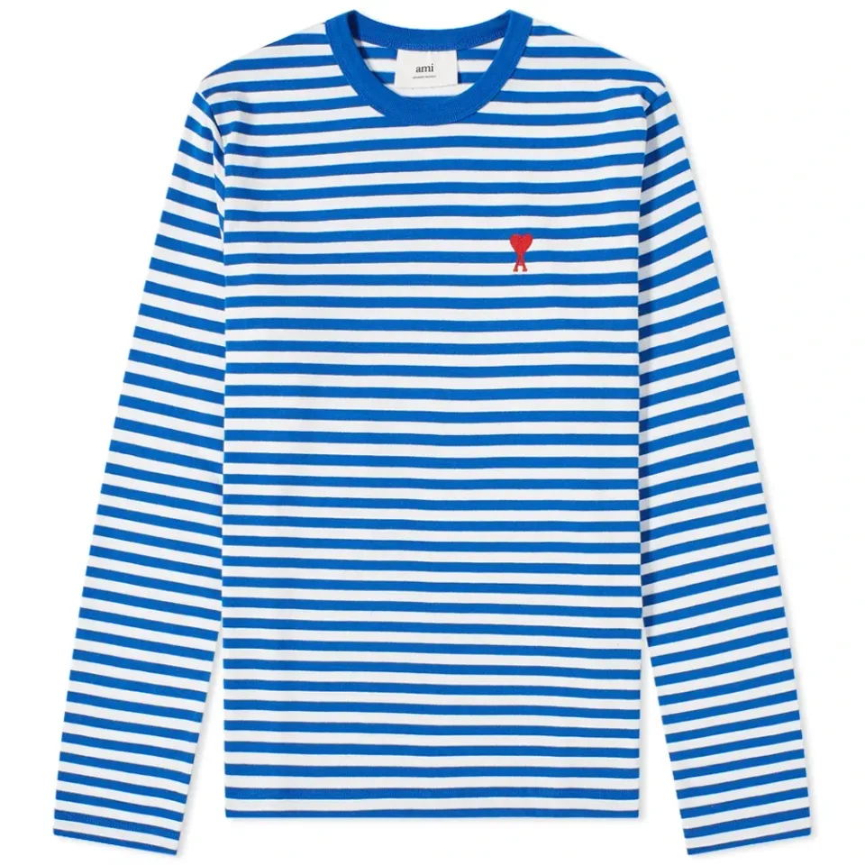 AMI Long Sleeve Heart Logo Stripe T-Shirt