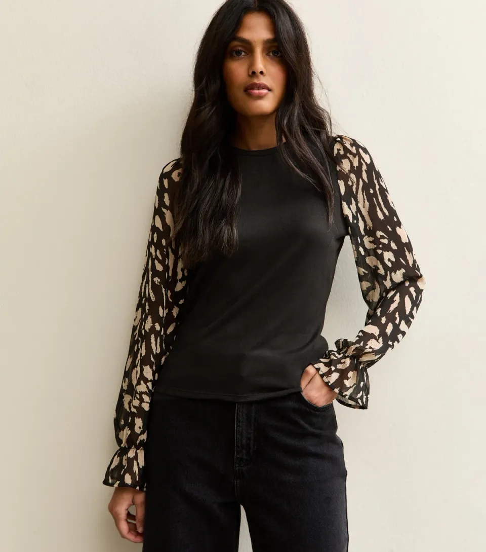 Women's Black Soft Touch Contrast Sleeve Top