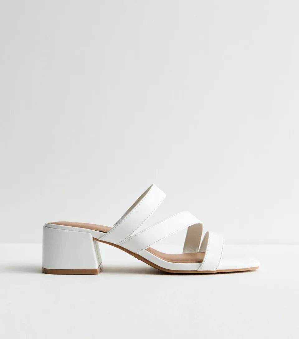 Women's White Leather-Look Triple Strap Block Heel Mules