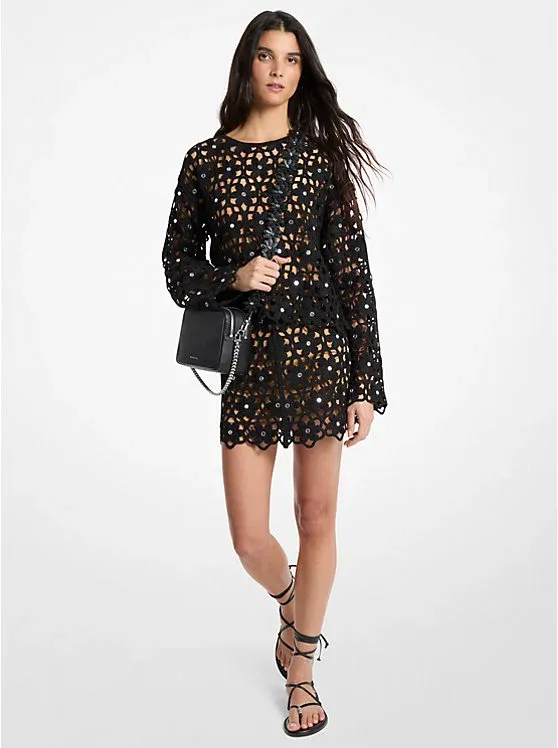 Mirror-Embellished Floral Crochet Skirt