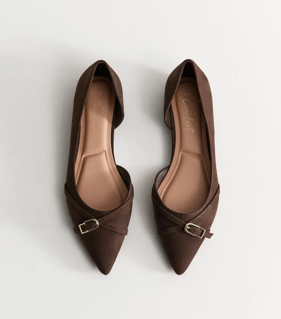 Women's Dark Brown Faux Suede D'Orsay Buckle Pointed Toe Flats Vegan