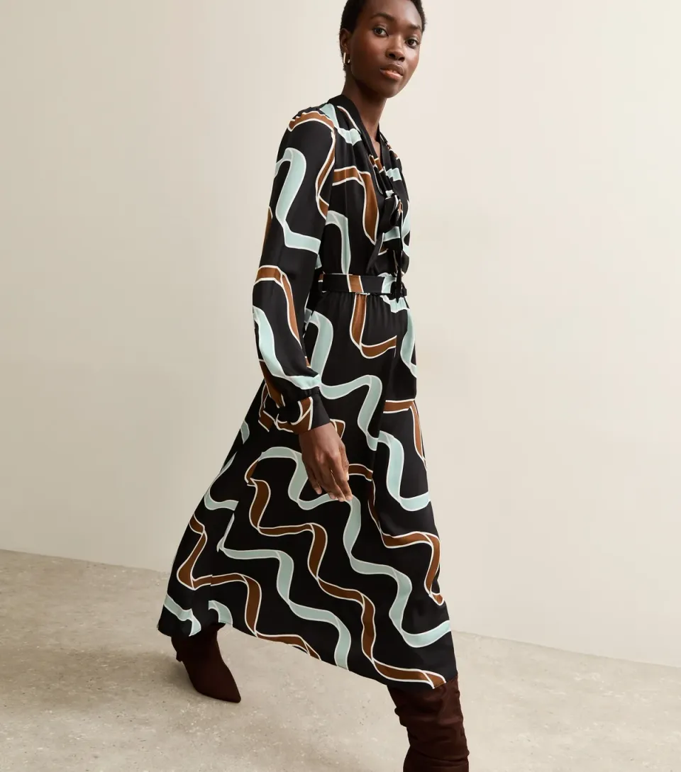 Women's Tall Black Ribbon Print Long Sleeve Midi Dress