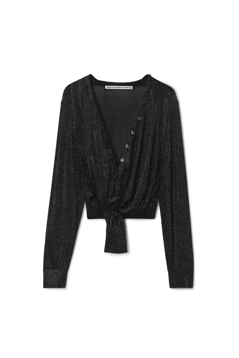 CRYSTAL HOTFIX KNOTTED DEEP V-NECK CARDIGAN