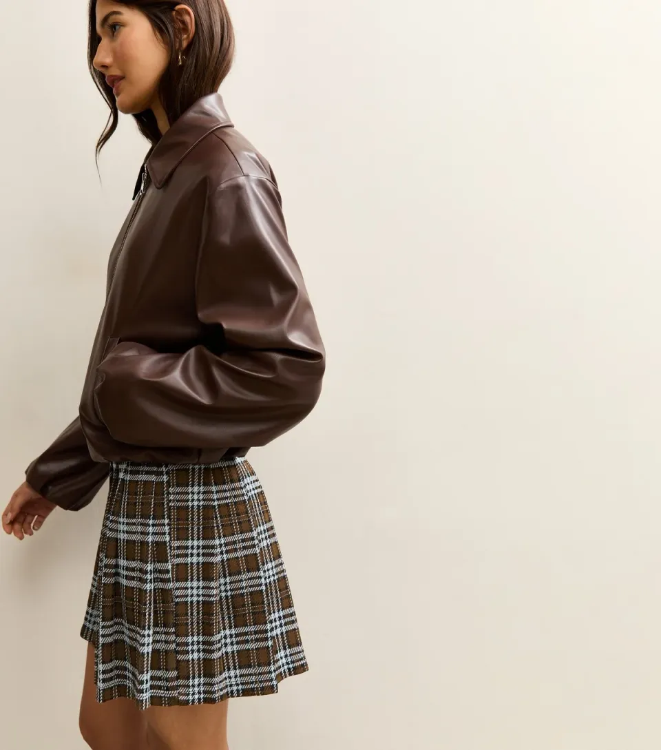 Women's Dark Brown Check Pleated Mini Skirt