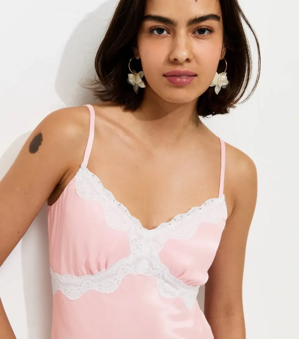 Women's Light Pink Satin Lace Trim Midi Dress