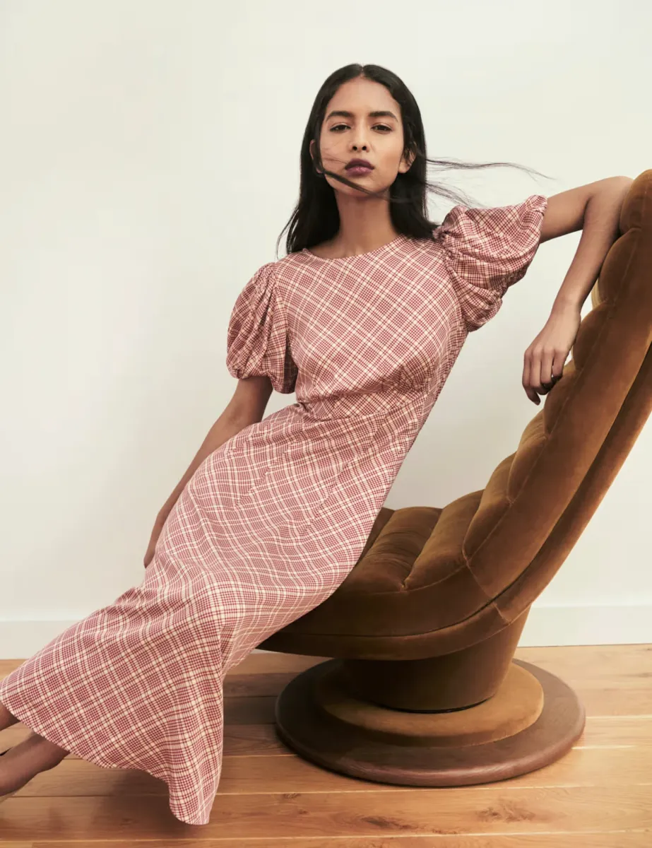 Checked Midi Waisted Dress Red