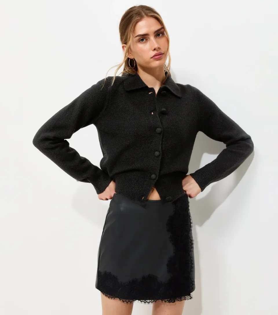 Women's Black Midweight Knit Collared Button Front Cardigan