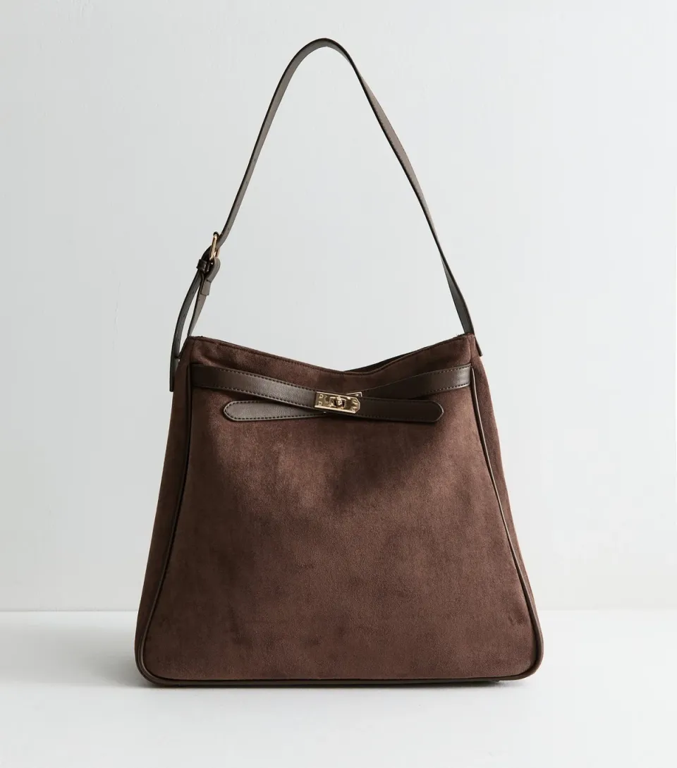 Dark Brown Faux Suede Buckle Hobo Shoulder Bag