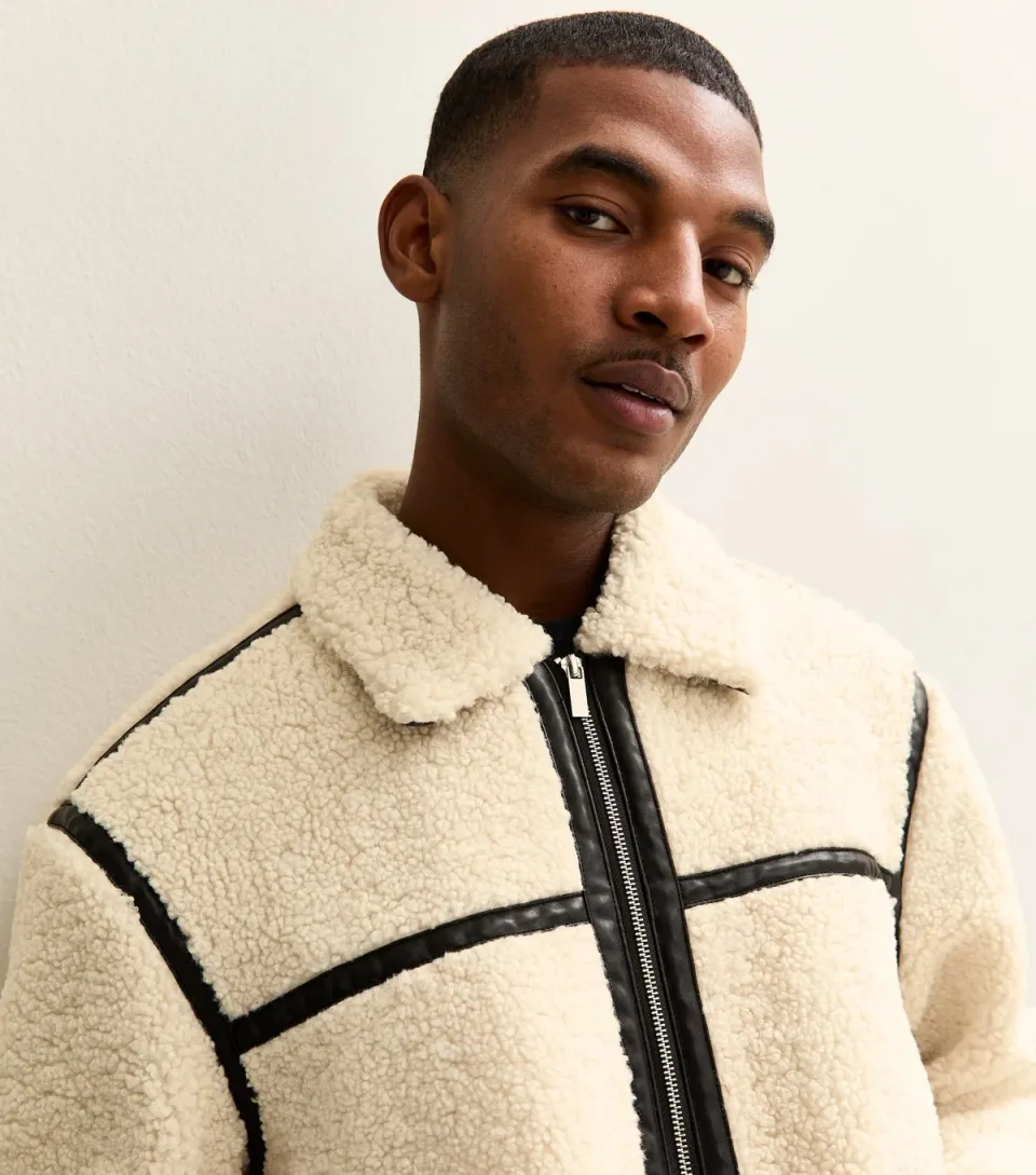 Men's Off White Regular Borg Taped Jacket
