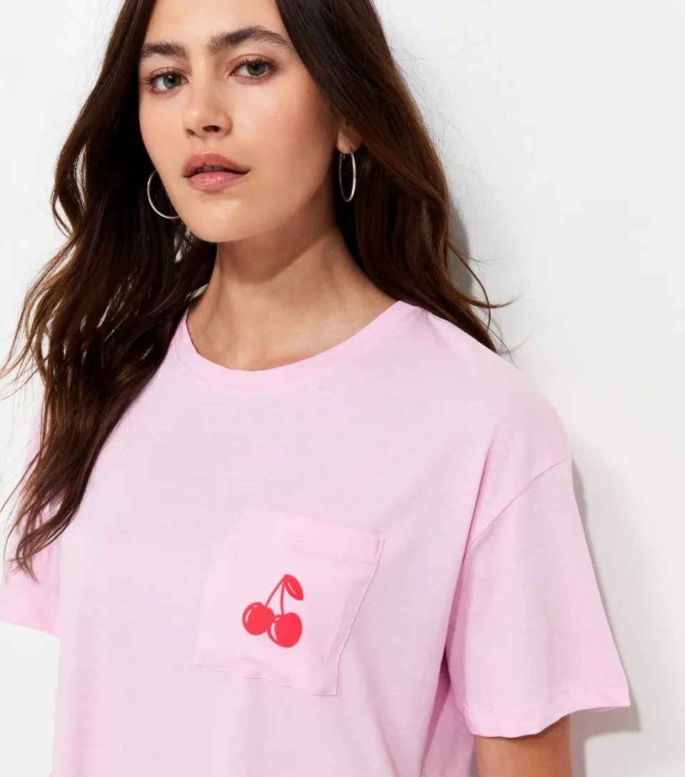 Women's White Cotton Cherry Print Crew Neck T-Shirt
