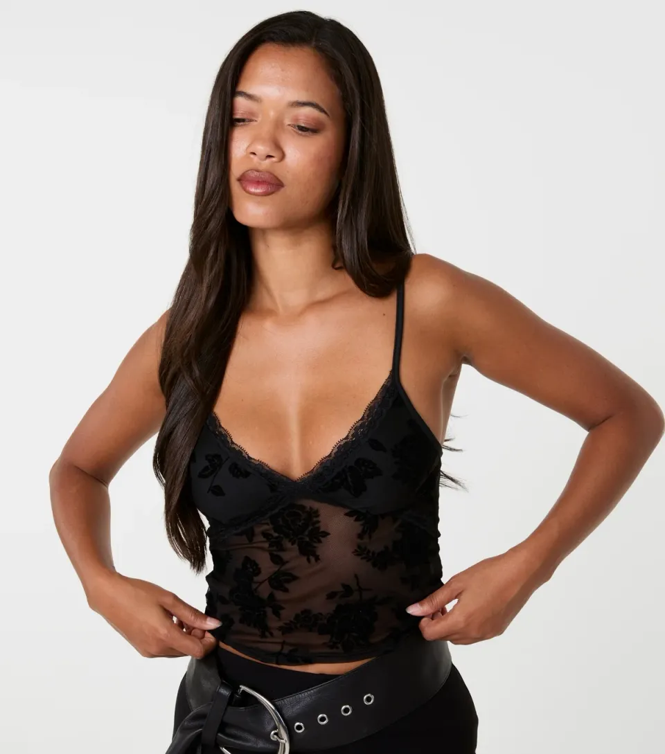 Women's Black Floral Flocked Cami Vest Top