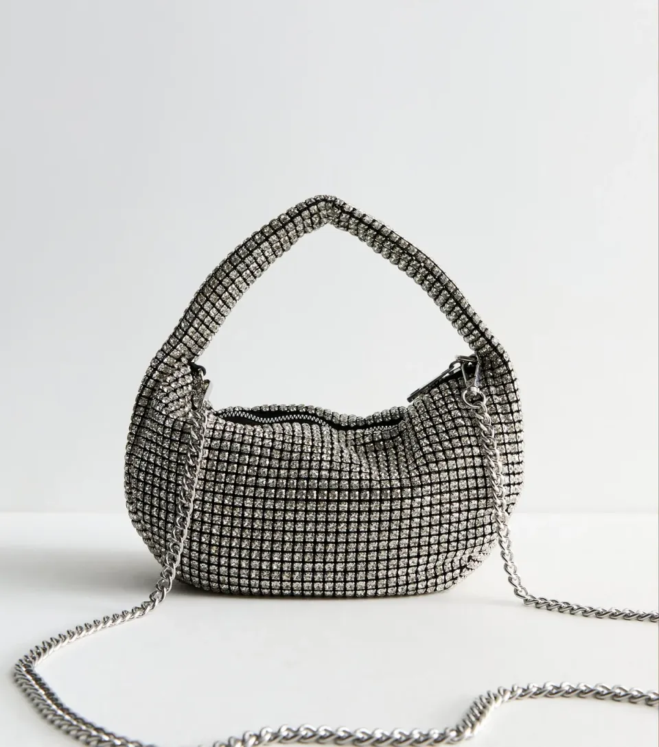 Silver Rhinestone Embellished Grab Handle Bag