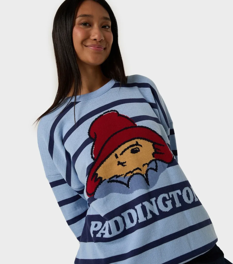 Women's Mid Blue Striped Paddington Bear Oversized Knit Jumper