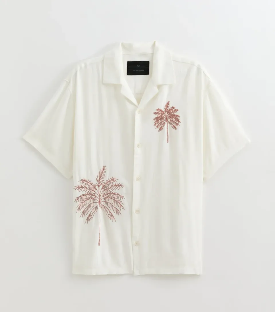 Men's White Embroidered Palm Tree Shirt