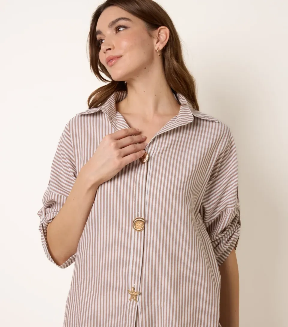 Women's Oatmeal Striped Seashell Button Shirt