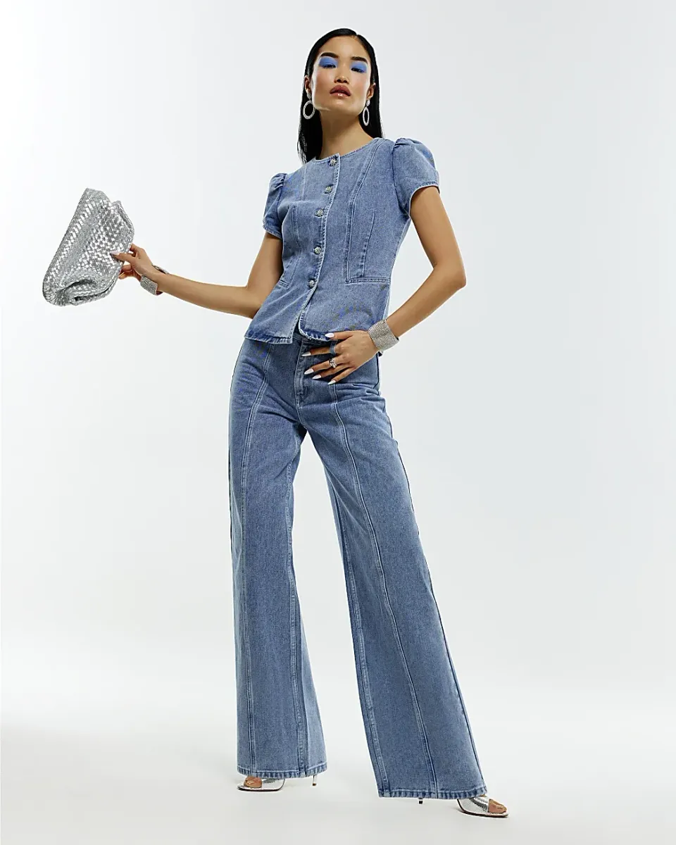 Washed Bling Button Wide Leg Jeans