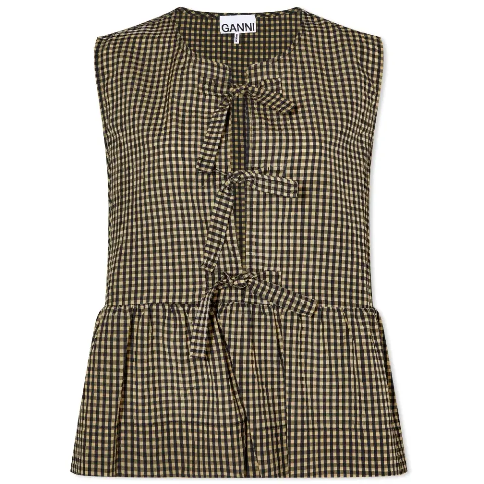 Seersucker Check Sleeveless Ribbon Blouse