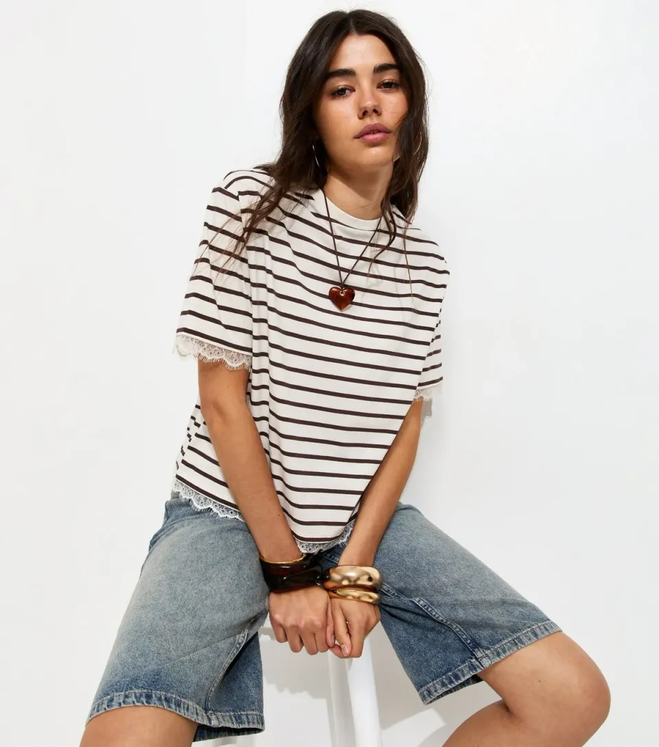 Women's Brown Cotton Striped Lace Trim Boxy T-Shirt