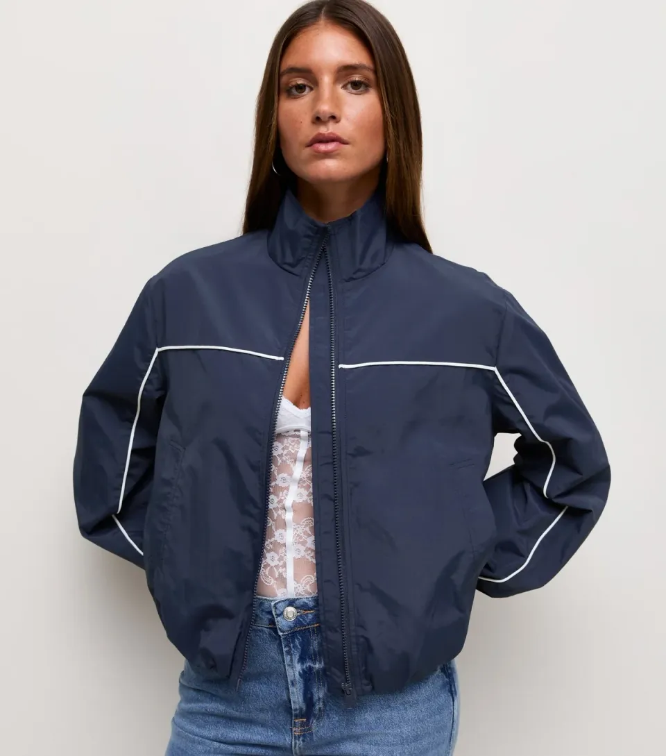 Women's Navy Piped Trim Funnel Neck Windbreaker Jacket