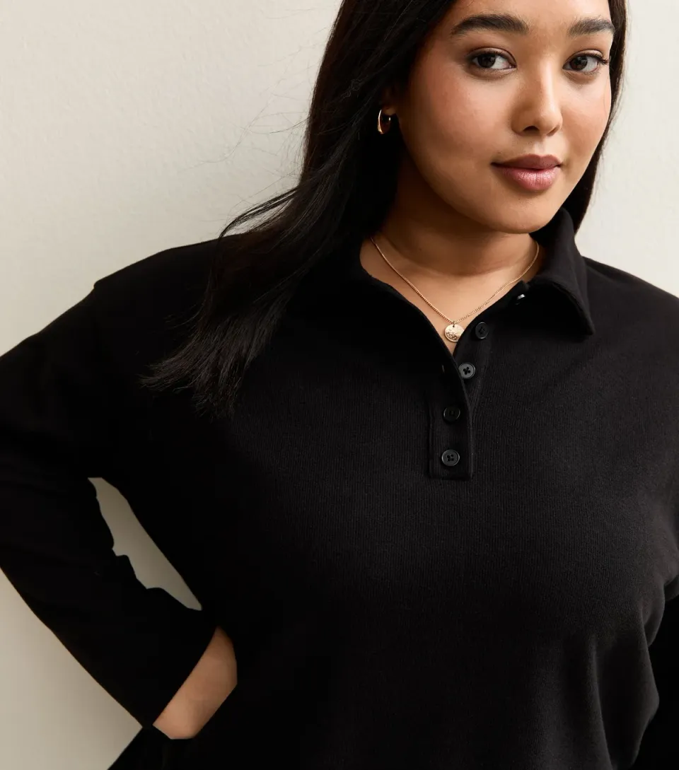 Women's Plus Size Black Ribbed Long Sleeve Polo Top Curves
