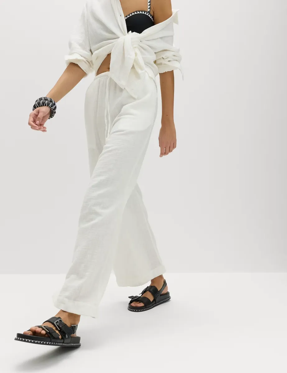 Pure Cotton Drawstring Beach Trousers Soft White
