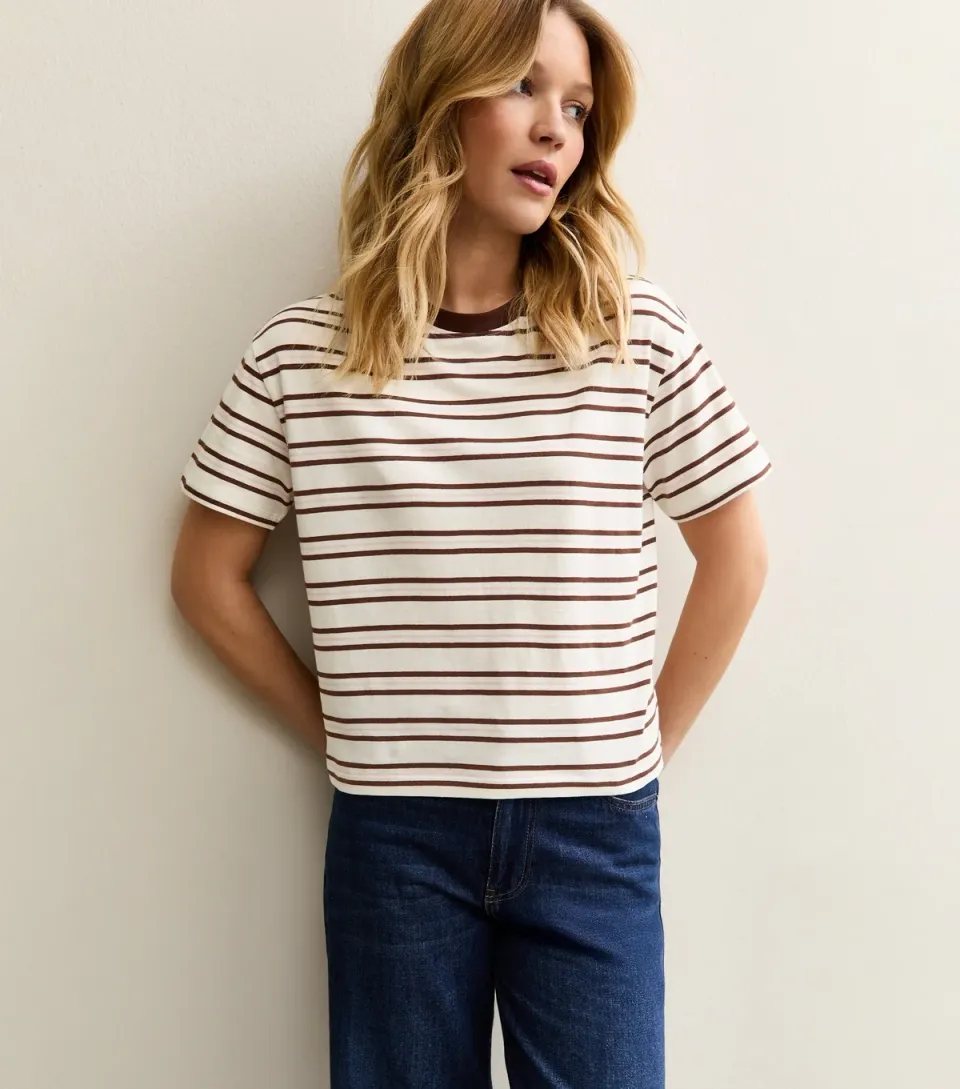 Women's Brown Cotton Striped Boxy T-Shirt